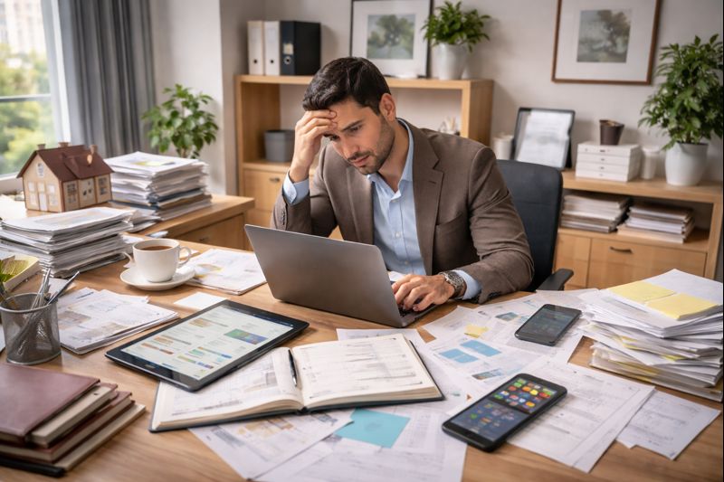 Agente inmobiliario usando tecnología para automatizar la gestión inmobiliaria